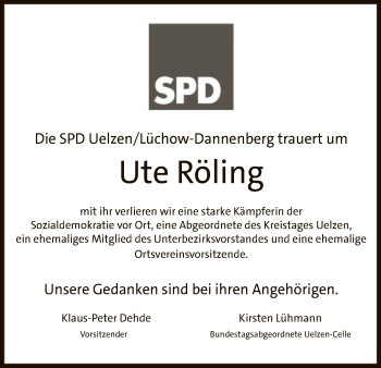 Traueranzeige von Ute Röling von Uelzen