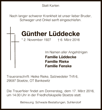 Traueranzeige von Günther Lüddecke von Uelzen