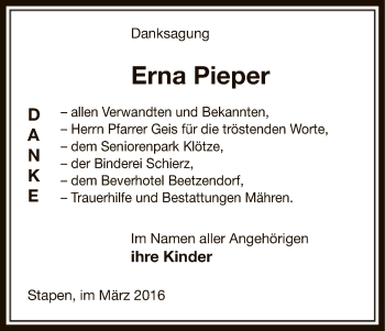 Traueranzeige von Erna Pieper von Uelzen