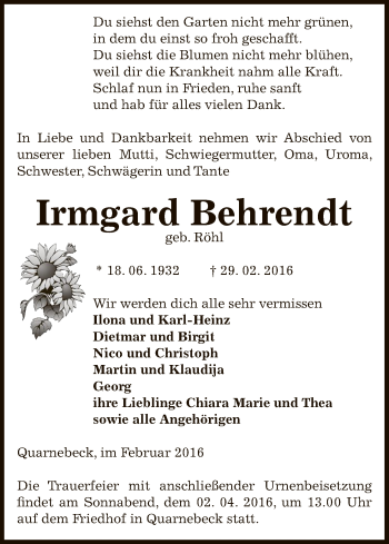 Traueranzeige von Irmgard Behrendt von Uelzen