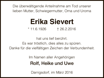 Traueranzeige von Erika Sievert von Uelzen