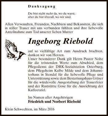 Traueranzeige von Ingeborg Riebold von Uelzen