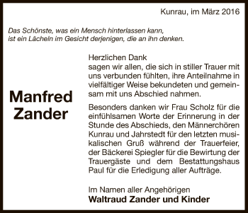 Traueranzeige von Manfred Zander von Uelzen