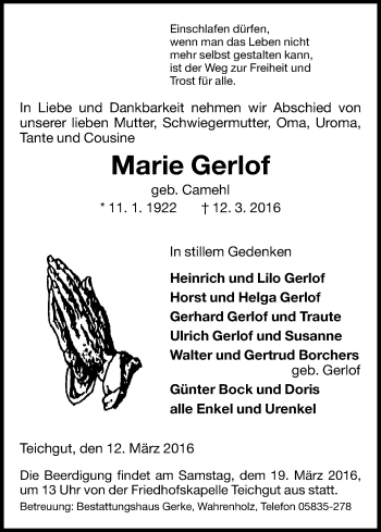 Traueranzeige von Marie Gerlof von Uelzen