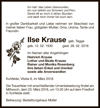 Traueranzeige von Ilse Krause von Uelzen