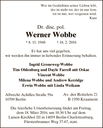 Traueranzeige von Werner Wobbe von Uelzen