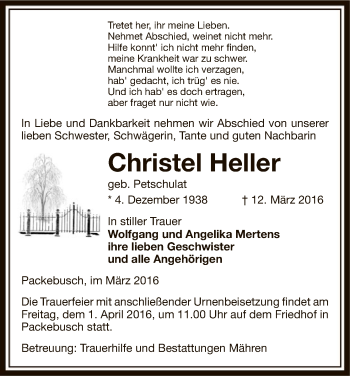 Traueranzeige von Christel Heller von Uelzen