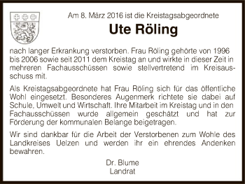 Traueranzeige von Ute Röling von Uelzen