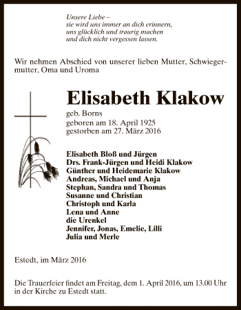 Traueranzeige von Elisabeth Klakow von Uelzen