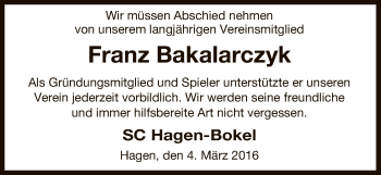 Traueranzeige von Franz Bakalarczyk von Uelzen