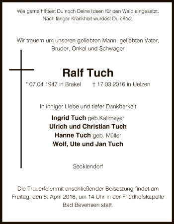 Traueranzeige von Ralf Tuch von Uelzen