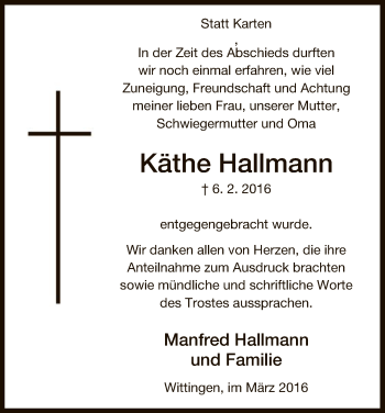 Traueranzeige von Käthe Hallmann von Uelzen