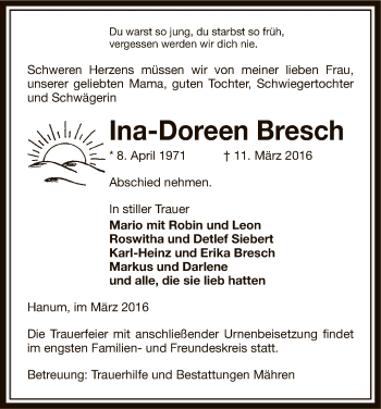 Traueranzeige von Ina-Doreen Bresch von Uelzen