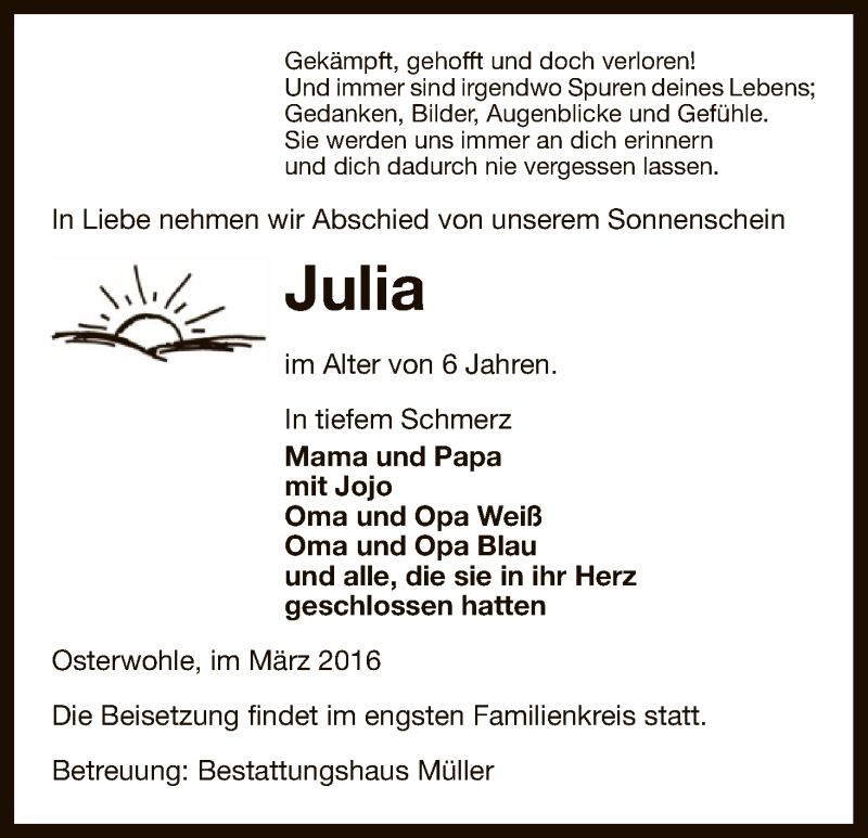  Traueranzeige für Julia  vom 12.03.2016 aus Uelzen