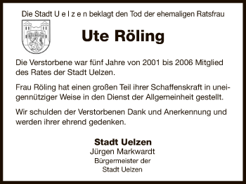 Traueranzeige von Ute Röling von Uelzen