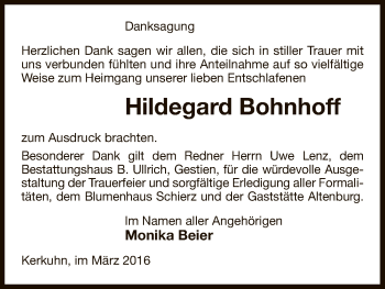 Traueranzeige von Hildegard Bohnhoff von Uelzen