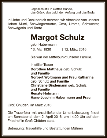 Traueranzeige von Margot Schulz von Uelzen