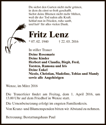 Traueranzeige von Fritz Lenz von Uelzen