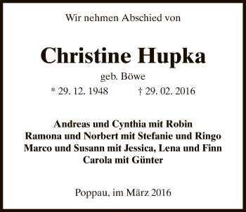 Traueranzeige von Christine Hupka von Uelzen