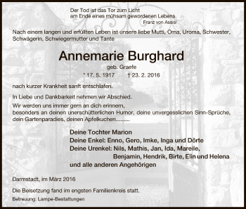 Traueranzeige von Annemarie Burghard von Uelzen