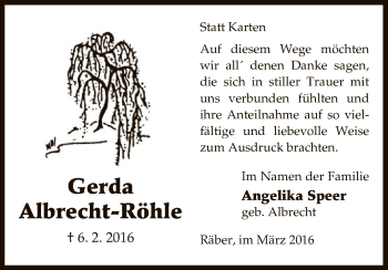 Traueranzeige von Gerda Albrecht-Röhle von Uelzen