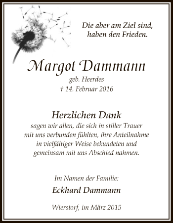 Traueranzeige von Margot Dammann von Uelzen