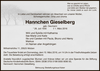 Traueranzeige von Hannchen Gieselberg von Uelzen