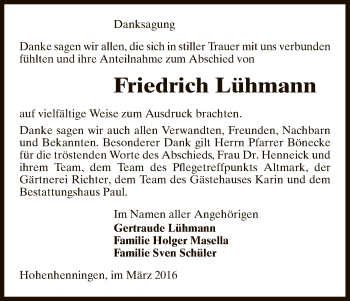 Traueranzeige von Friedrich Lühmann von Uelzen