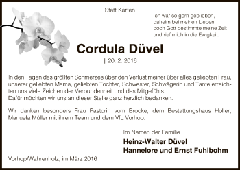 Traueranzeige von Cordula Düvel von Uelzen