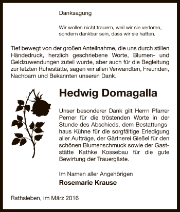 Traueranzeige von Hedwig Domagalla von Uelzen