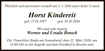 Traueranzeige von Horst Kindereit von Uelzen