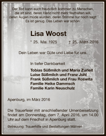 Traueranzeige von Lisa Woost von Uelzen