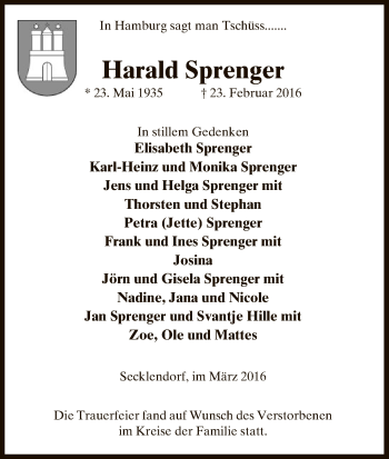 Traueranzeige von Harald Sprenger von Uelzen