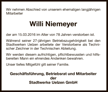 Traueranzeige von Willi Niemeyer von Uelzen