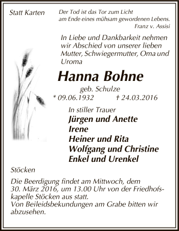 Traueranzeige von Hanna Bohne von Uelzen