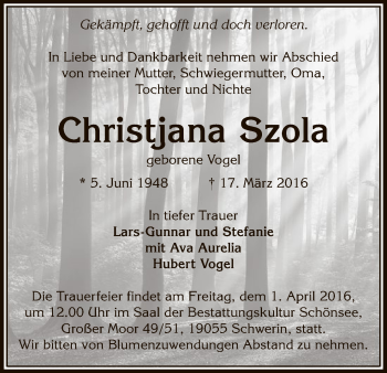 Traueranzeige von Christjana Szola von Uelzen