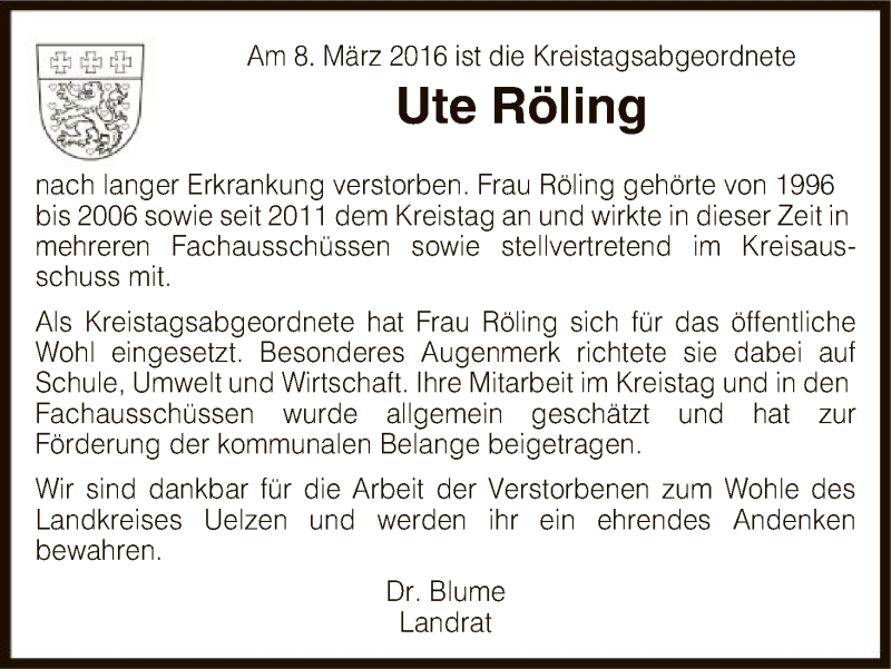  Traueranzeige für Ute Röling vom 10.03.2016 aus Uelzen