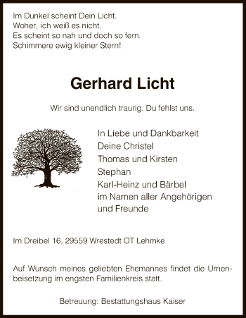 Traueranzeige von Gerhard Licht von Uelzen