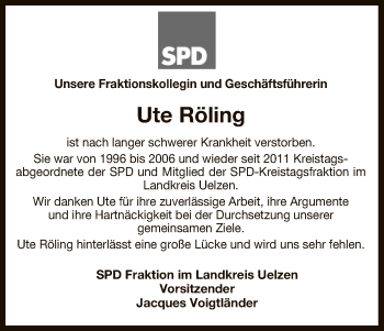 Traueranzeige von Ute Röling von Uelzen