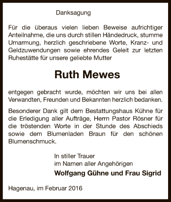 Traueranzeige von Ruth Mewes von Uelzen