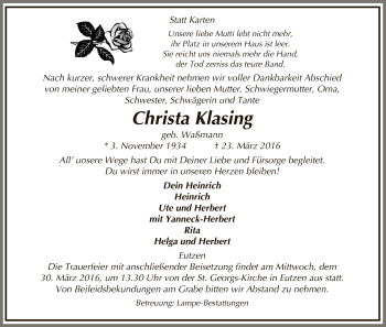 Traueranzeige von Christa Klasing von Uelzen