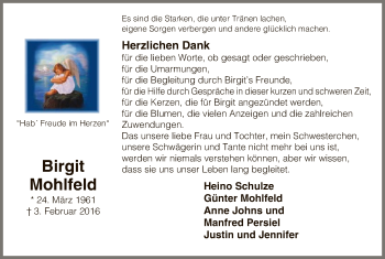 Traueranzeige von Birgit Mohlfeld von Uelzen