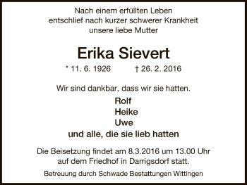 Traueranzeige von Erika Sievert von Uelzen