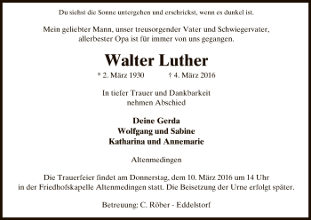 Traueranzeige von Walter Luther von Uelzen