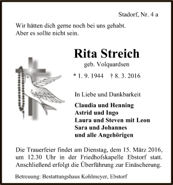 Traueranzeige von Rita Streich von Uelzen