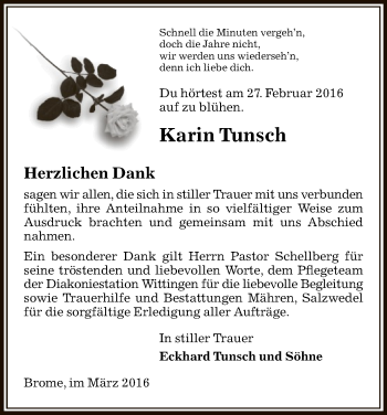 Traueranzeige von Karin Tunsch von Uelzen