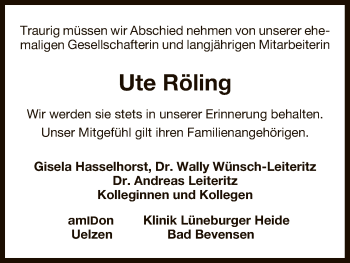 Traueranzeige von Ute Röling von Uelzen