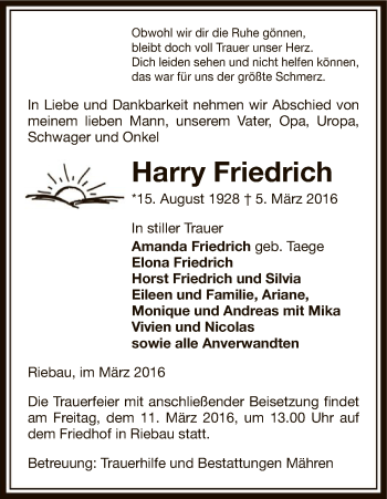 Traueranzeige von Harry Friedrich von Uelzen