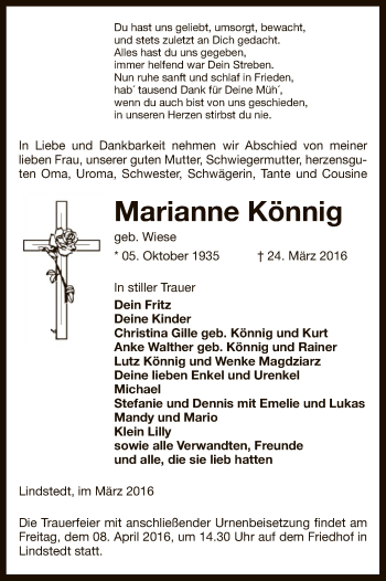 Traueranzeige von Marianne Könnig von Uelzen