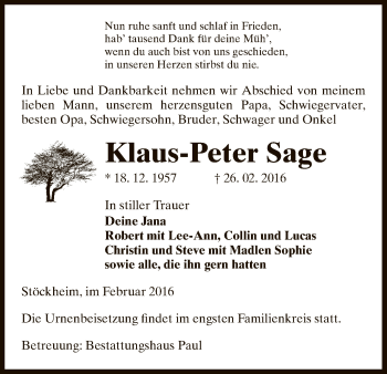 Traueranzeige von Klaus-Peter Sage von Uelzen